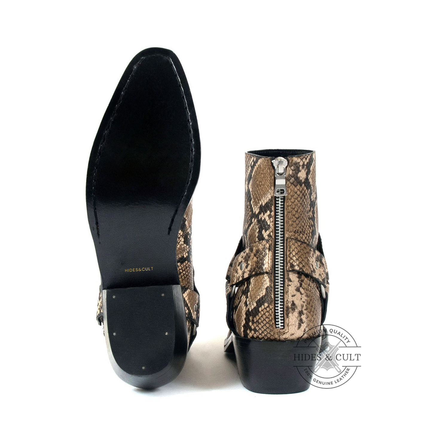 Brown Snakeskin Genuine Leather Harness Chelsea Boots Cuban Heel Men | HidesandCult