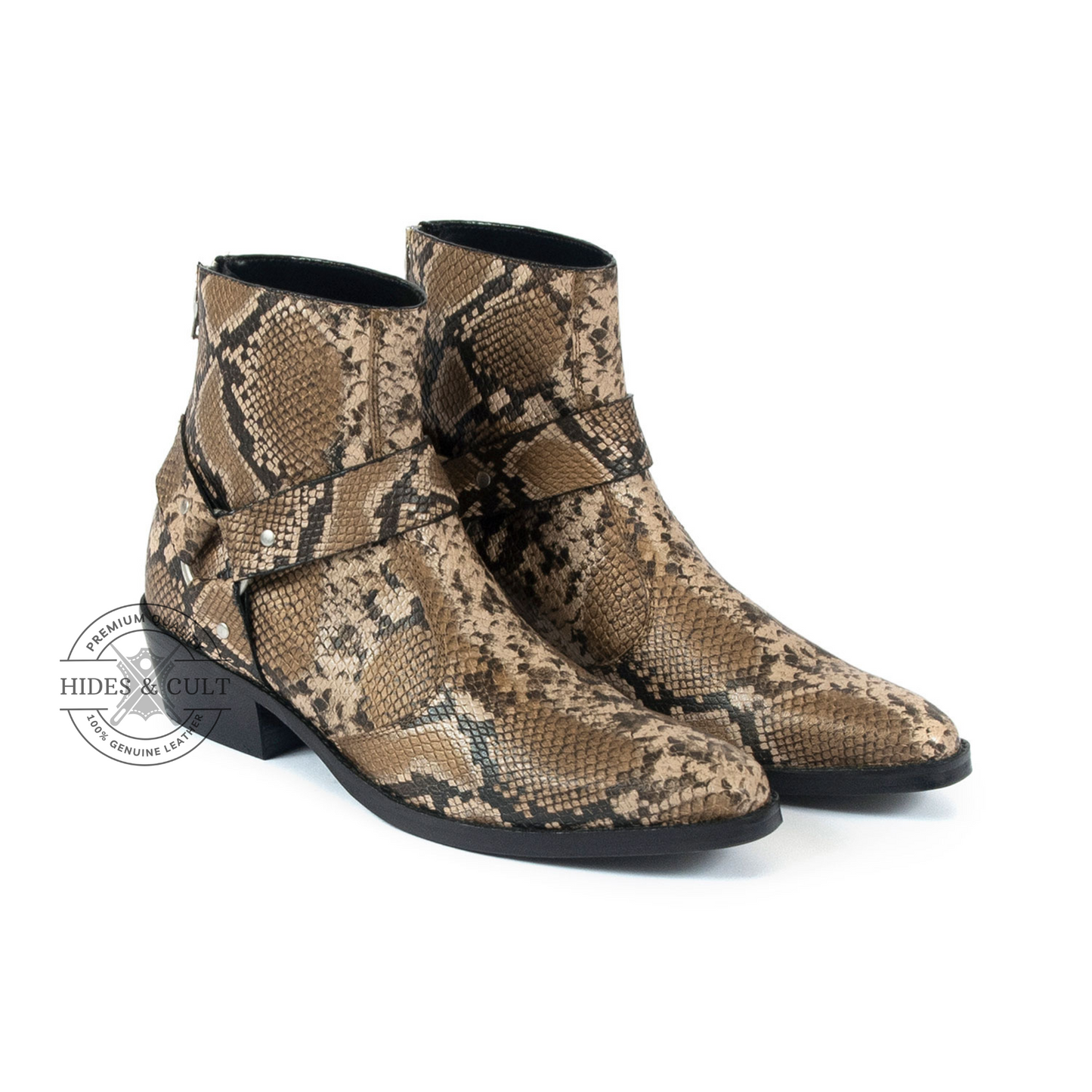 Brown Snakeskin Genuine Leather Harness Chelsea Boots Cuban Heel Men | HidesandCult
