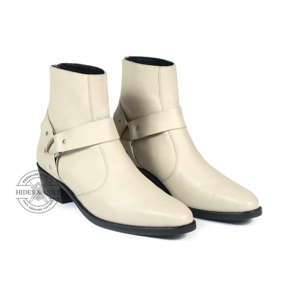 Off White Genuine Leather Harness Chelsea Boots Cuban Heel Men | HidesandCult