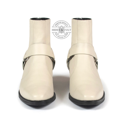 Off White Genuine Leather Harness Chelsea Boots Cuban Heel Men | HidesandCult