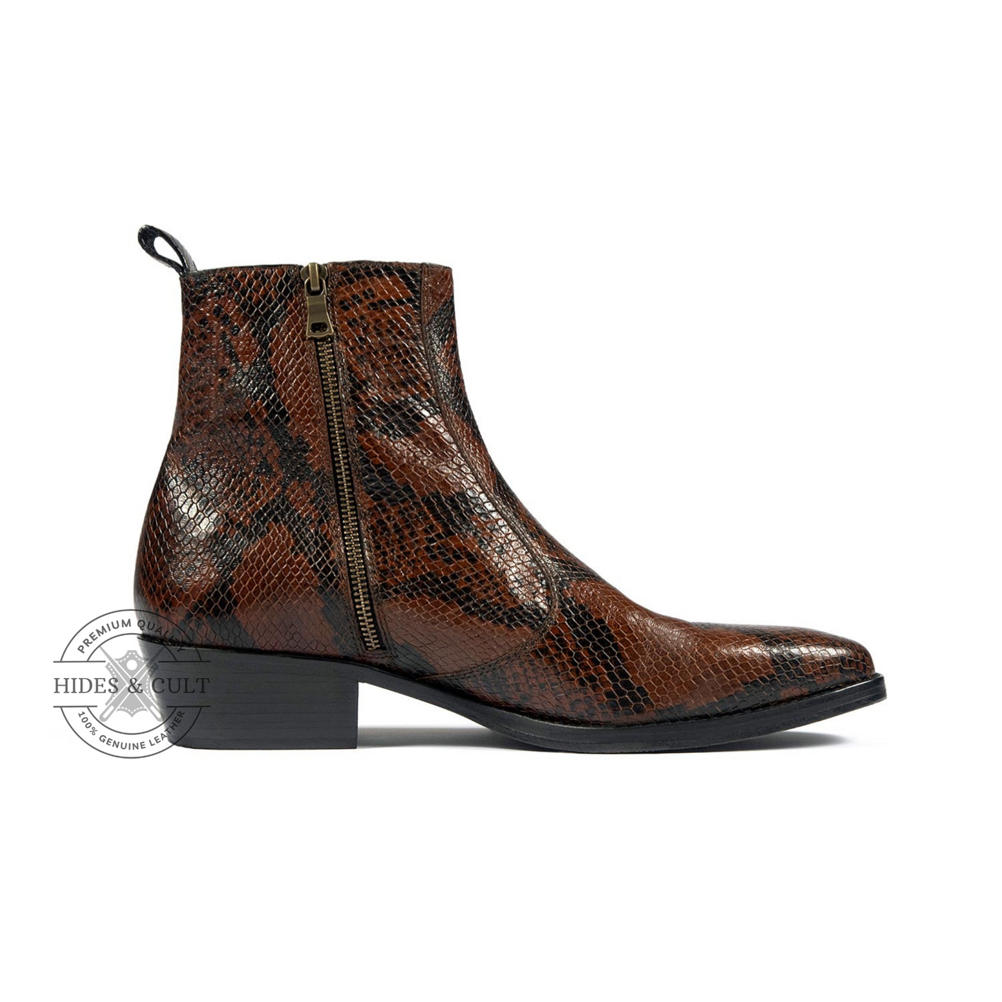 Brown Snakeskin Foil Genuine Leather Chelsea Boots Cuban Heel Men | HidesandCult