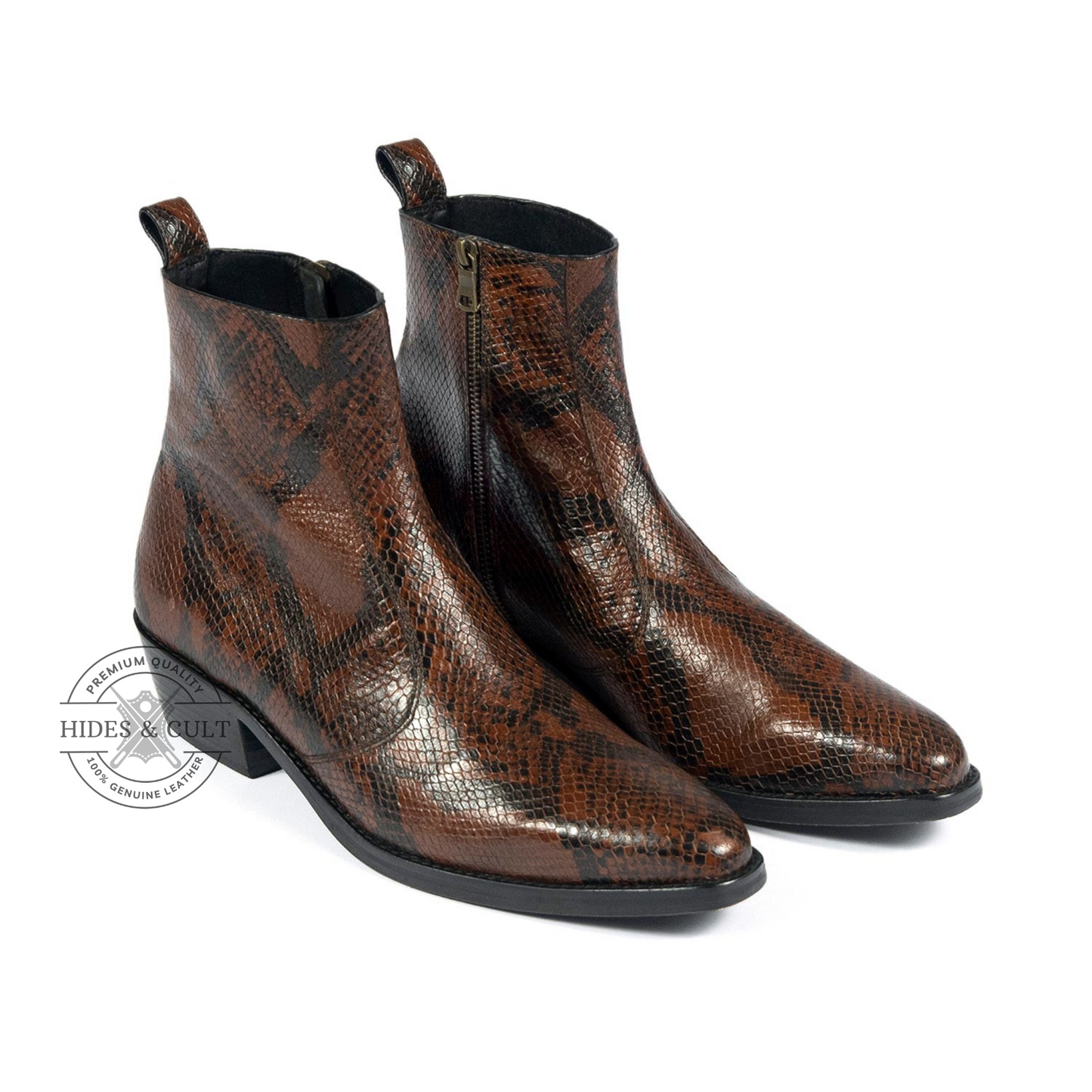 Brown Snakeskin Foil Genuine Leather Chelsea Boots Cuban Heel Men | HidesandCult