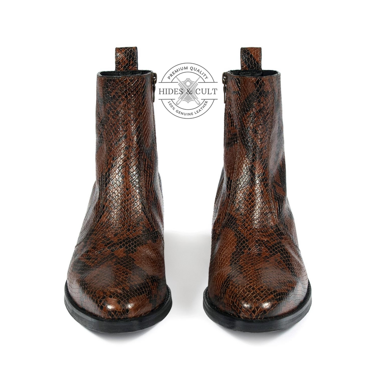 Brown Snakeskin Foil Genuine Leather Chelsea Boots Cuban Heel Men | HidesandCult