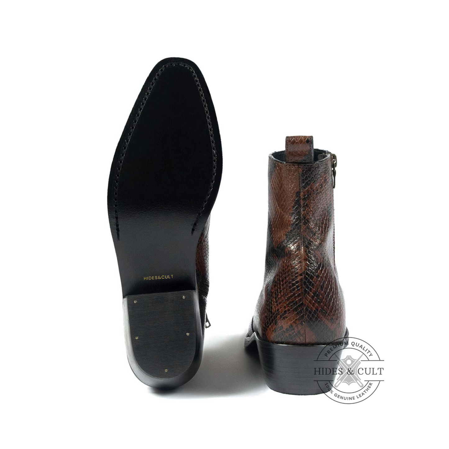 Brown Snakeskin Foil Genuine Leather Chelsea Boots Cuban Heel Men | HidesandCult