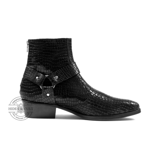 Black Snakeskin Genuine Leather Harness Chelsea Boots Cuban Heel Men | HidesandCult