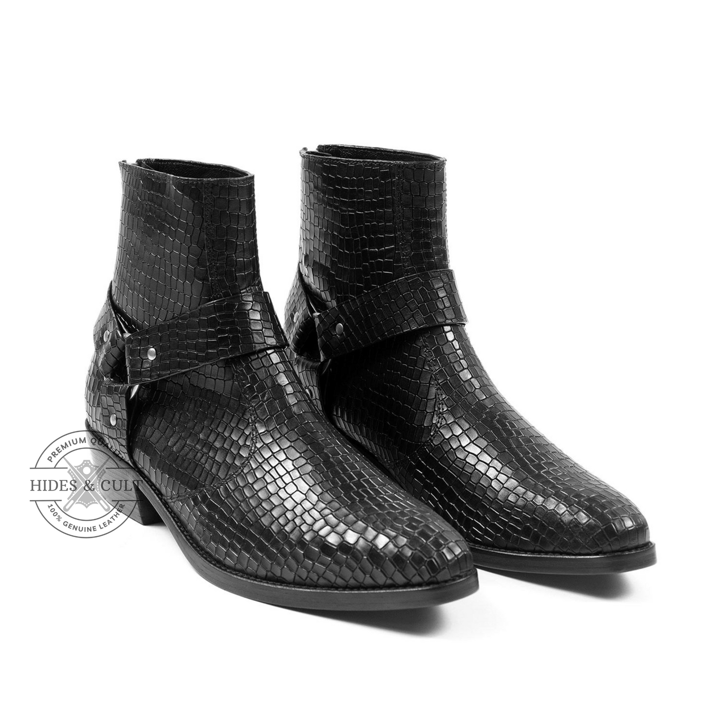 Black Snakeskin Genuine Leather Harness Chelsea Boots Cuban Heel Men | HidesandCult