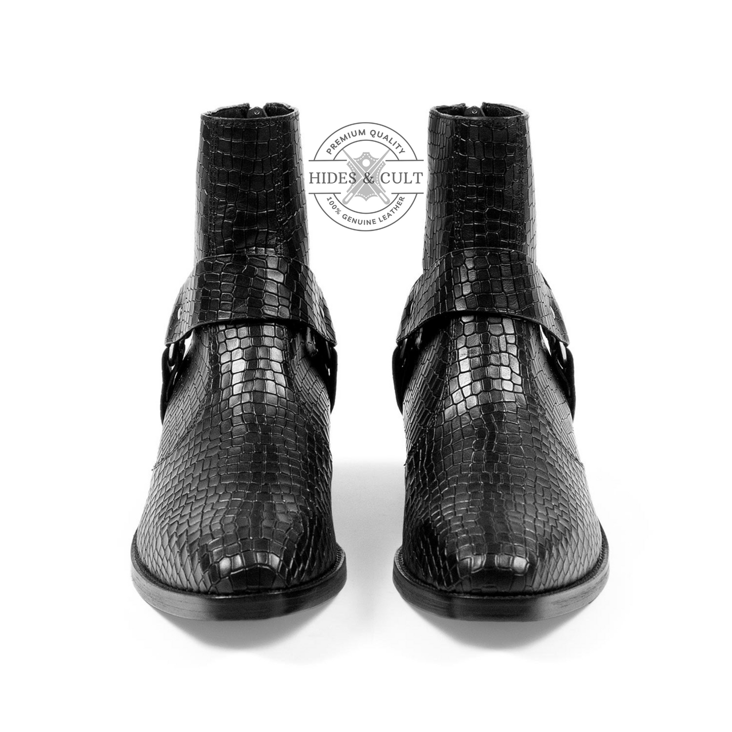 Black Snakeskin Genuine Leather Harness Chelsea Boots Cuban Heel Men | HidesandCult