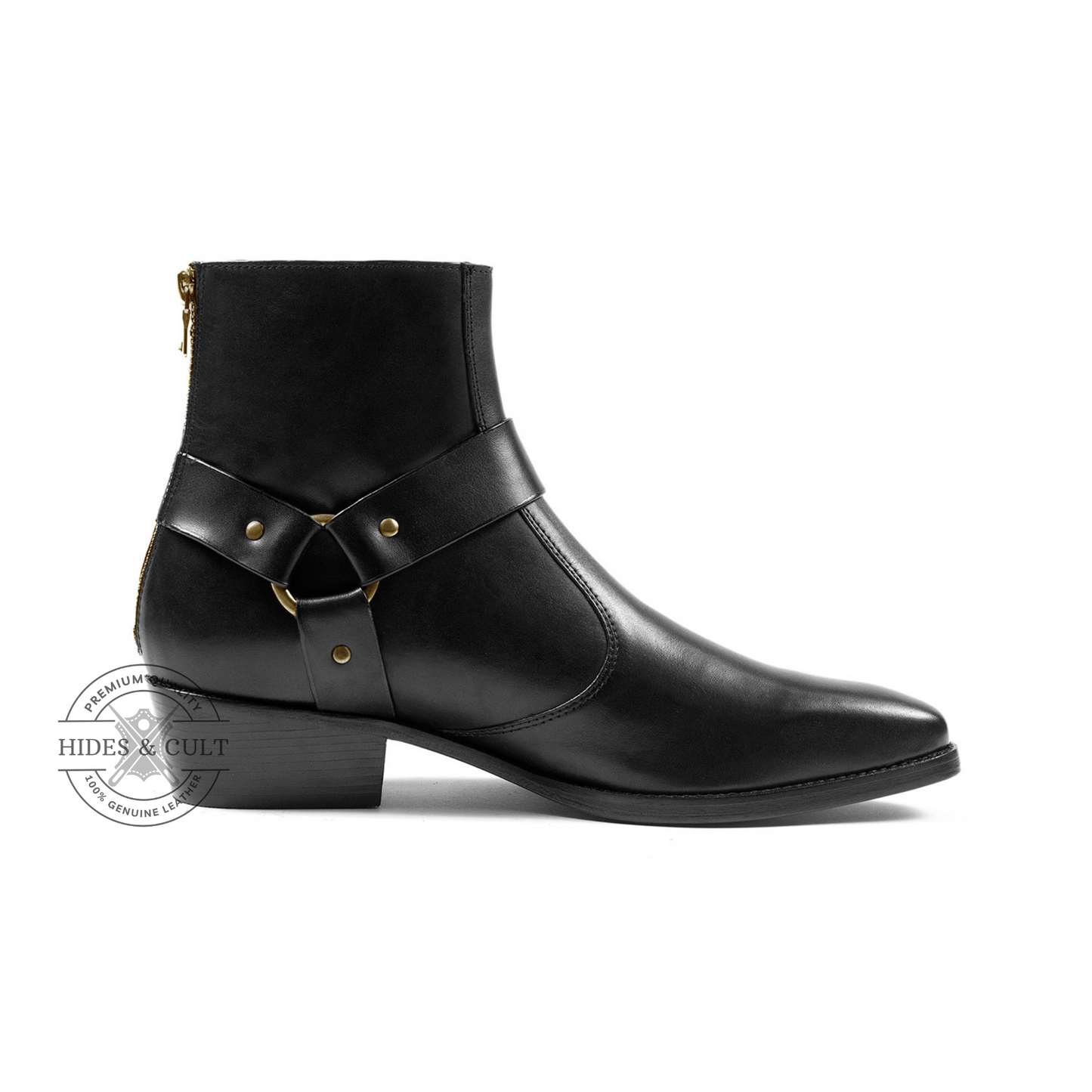 Black Genuine Leather Brass Harness Chelsea Boots Cuban Heel Men | HidesandCult