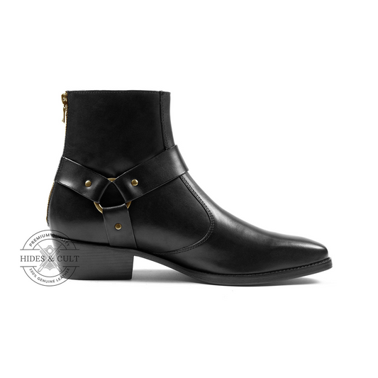 Black Genuine Leather Brass Harness Chelsea Boots Cuban Heel Men | HidesandCult