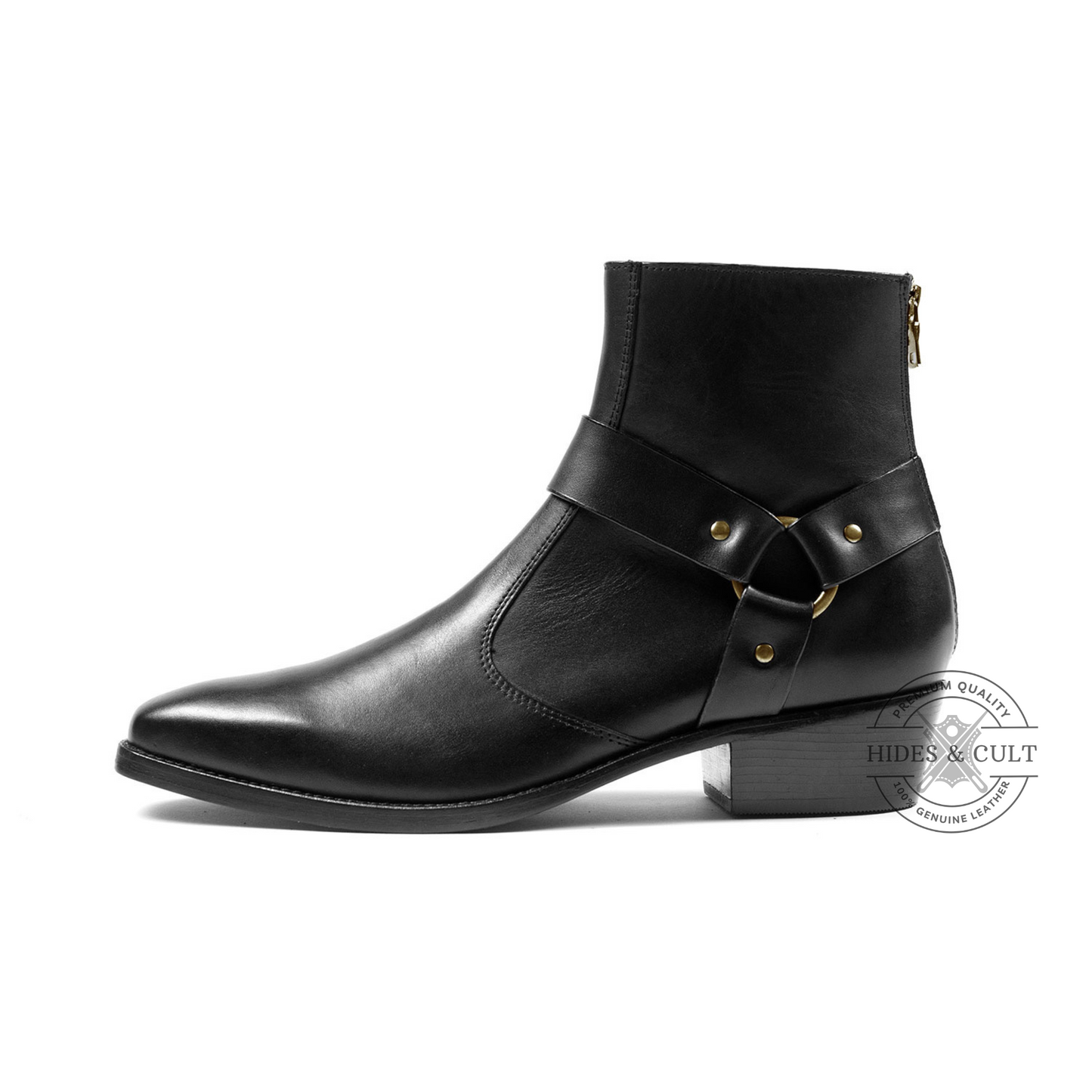Black Genuine Leather Brass Harness Chelsea Boots Cuban Heel Men | HidesandCult
