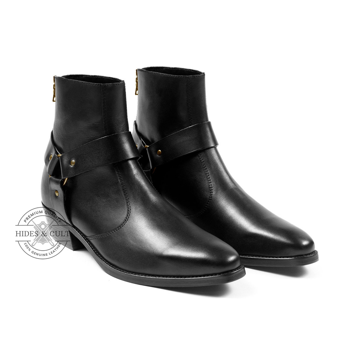 Black Genuine Leather Brass Harness Chelsea Boots Cuban Heel Men | HidesandCult