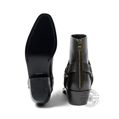 Black Genuine Leather Brass Harness Chelsea Boots Cuban Heel Men | HidesandCult