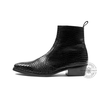 Black Snakeskin Genuine Leather Chelsea Boots Cuban Heel Men | HidesandCult