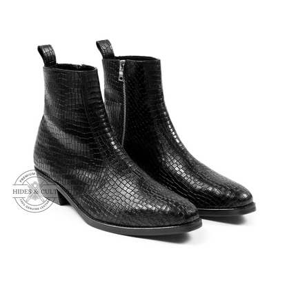 Black Snakeskin Genuine Leather Chelsea Boots Cuban Heel Men | HidesandCult