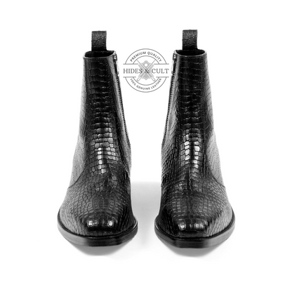 Black Snakeskin Genuine Leather Chelsea Boots Cuban Heel Men | HidesandCult