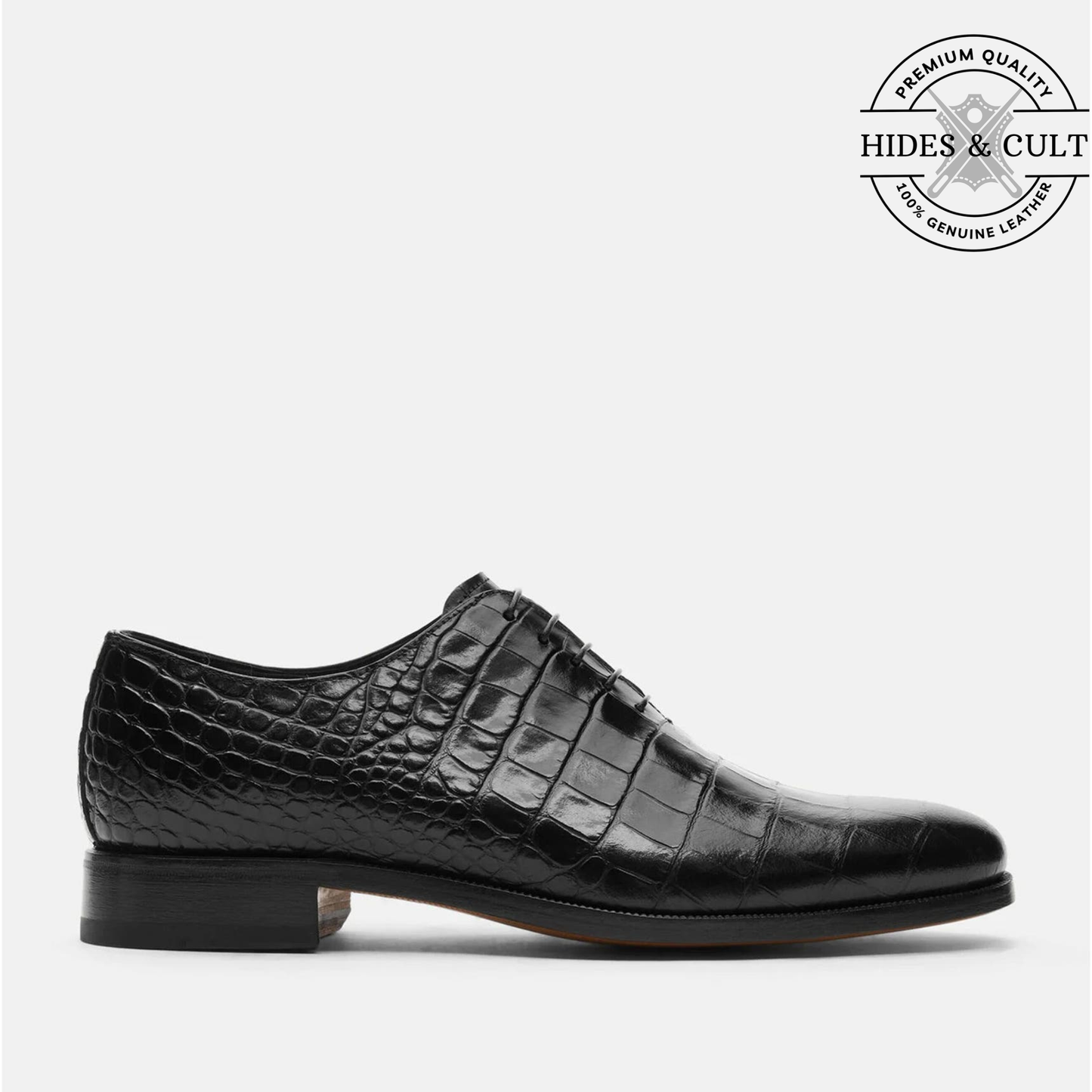 Black Croc Wholecut Leather Shoes - Square Toe | Hides&Cult