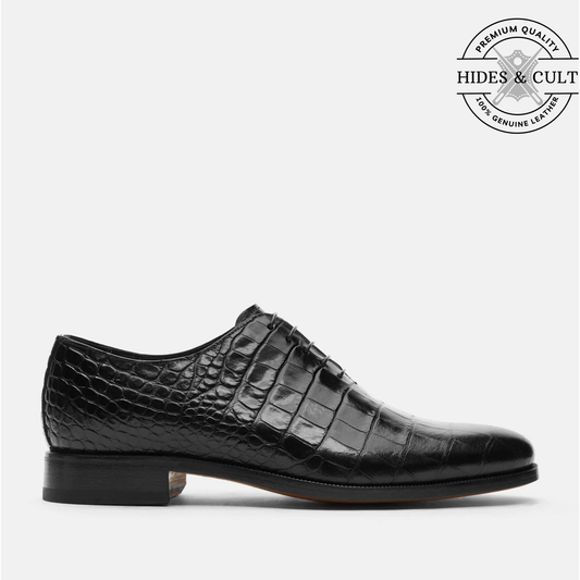 Black Croc Wholecut Leather Shoes - Square Toe | Hides&Cult
