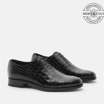 Black Croc Wholecut Leather Shoes - Square Toe | Hides&Cult