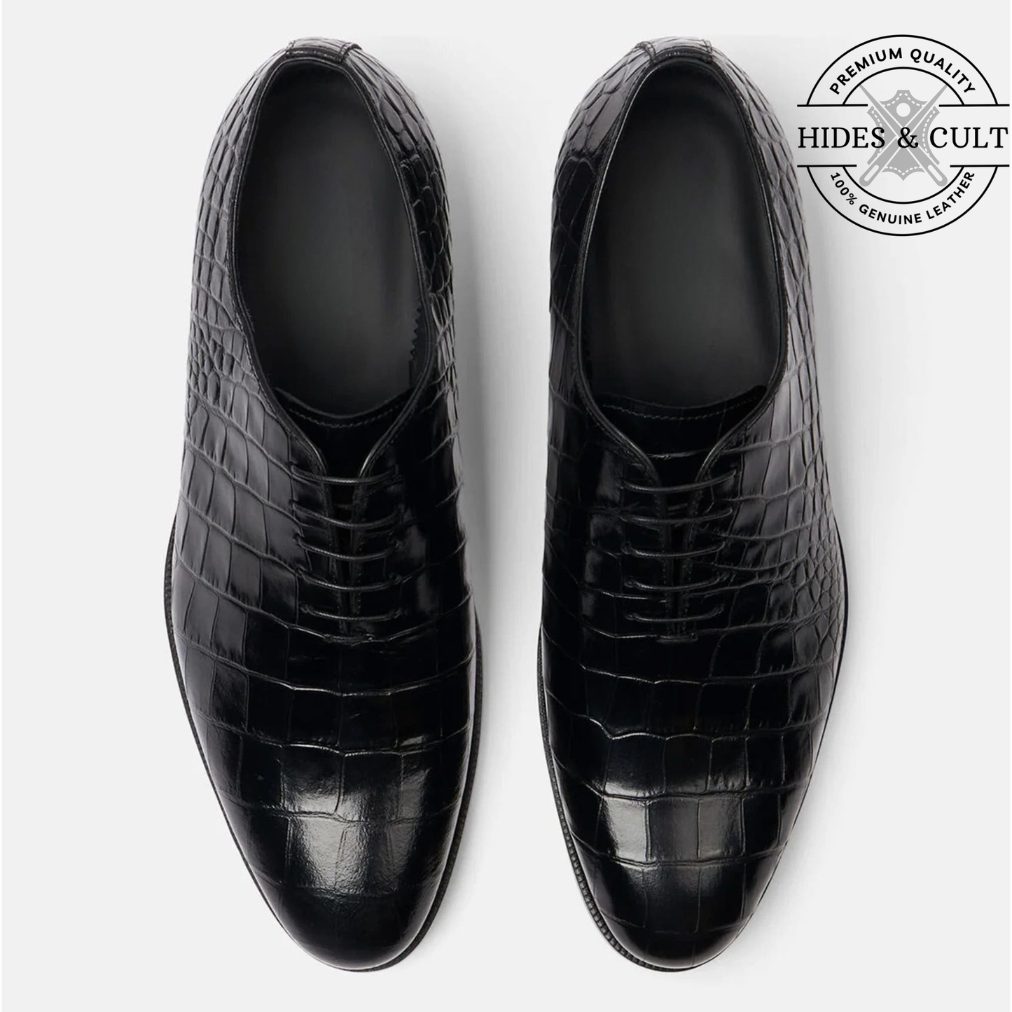 Black Croc Wholecut Leather Shoes - Square Toe | Hides&Cult