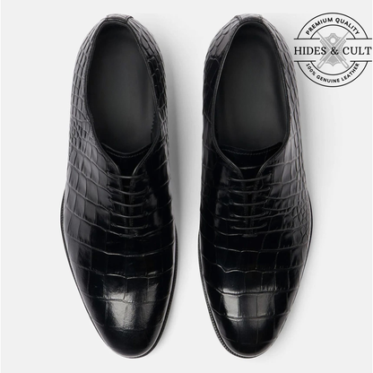 Black Croc Wholecut Leather Shoes - Square Toe | Hides&Cult