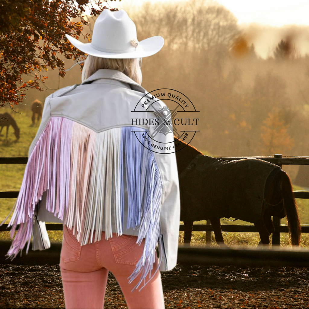 Womens Off White with Rainbow Metallic Foil Fringes Leather Jacket