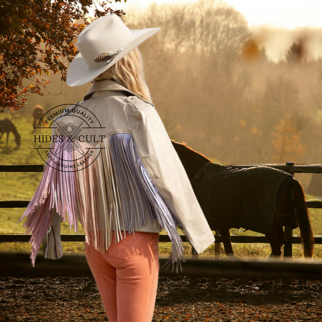 Womens Off White with Rainbow Metallic Foil Fringes Leather Jacket