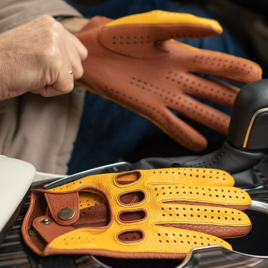 Mens Mustard Gold Brown Bold Grain Driving Leather Gloves