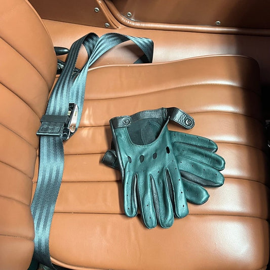 Mens Soft Lambskin Dark Green - Black Driving Leather Gloves