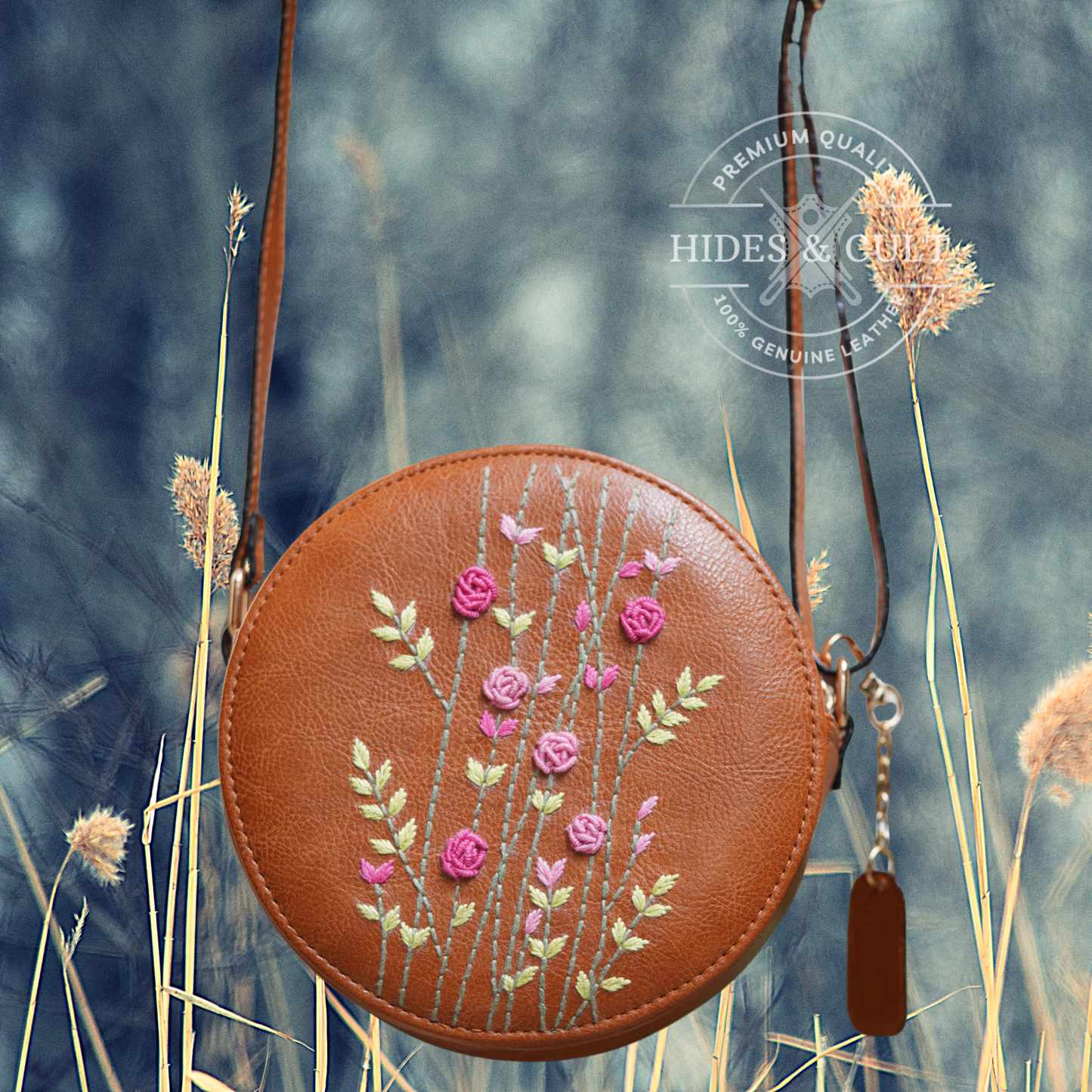 Handcrafted Tan - Pink Rosebuds Embroidered Round Genuine Leather Sling Bag