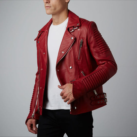 Mens Rich Red Slim Fit Motorcycle Biker Leather Jacket