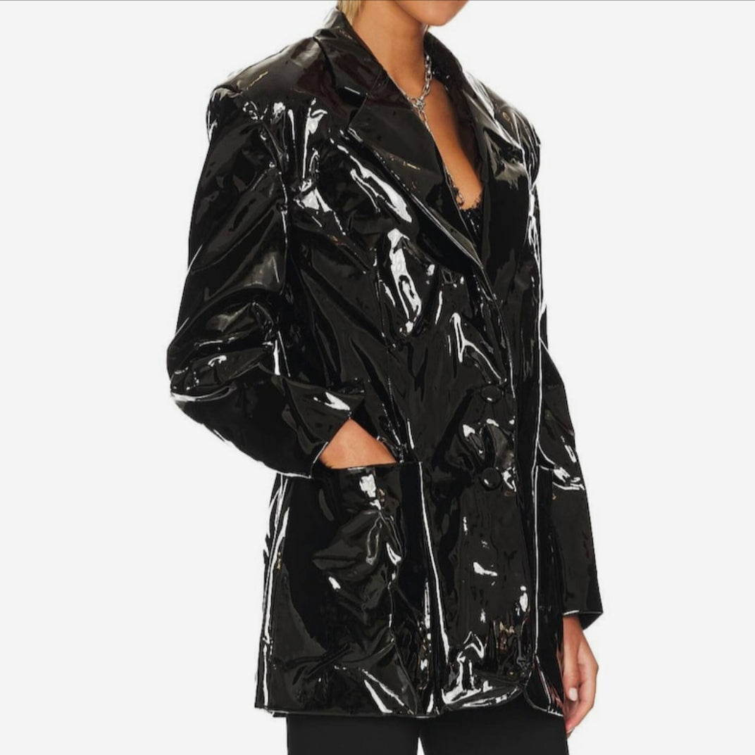 Women Black Patent Genuine Leather Short Coat