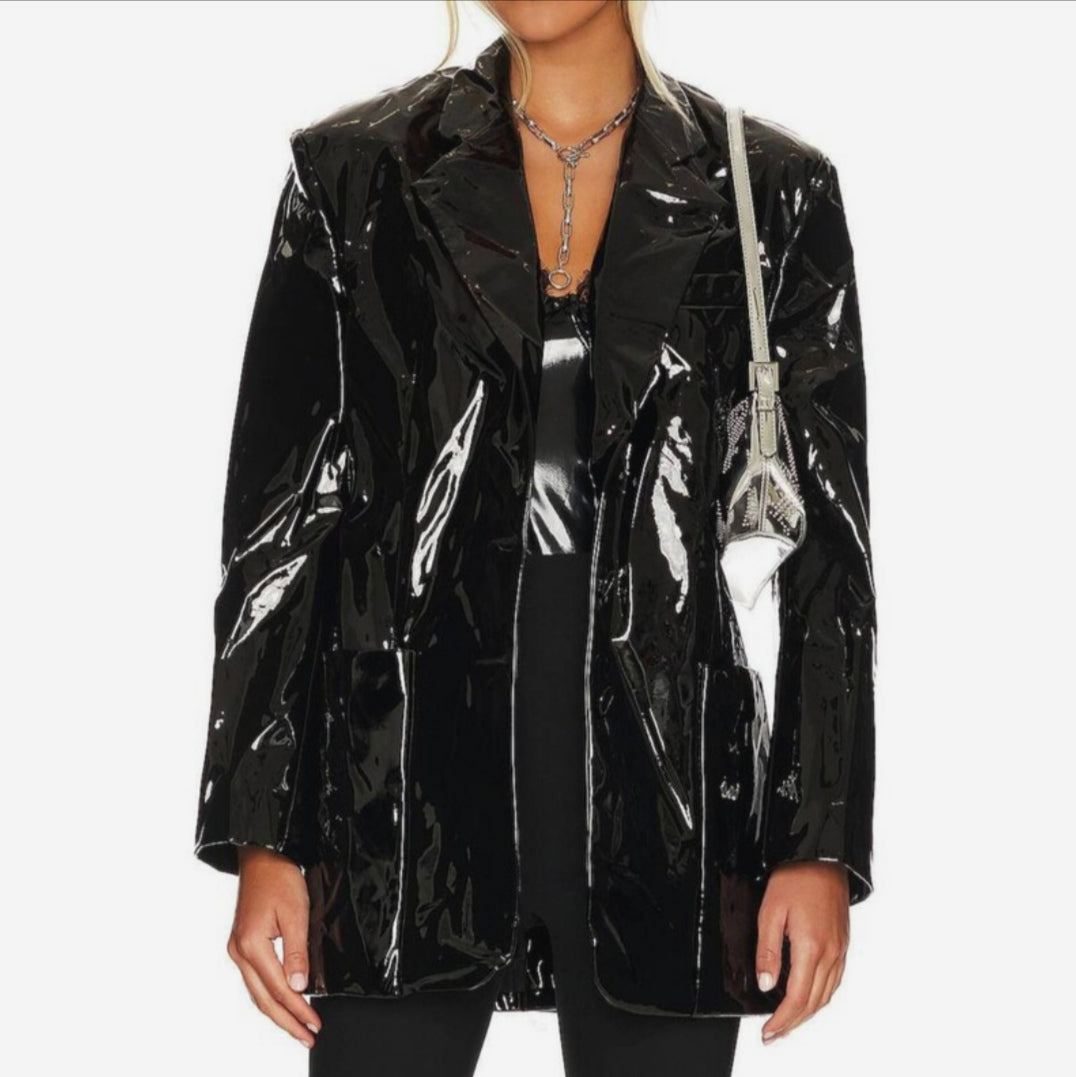 Women Black Patent Genuine Leather Short Coat