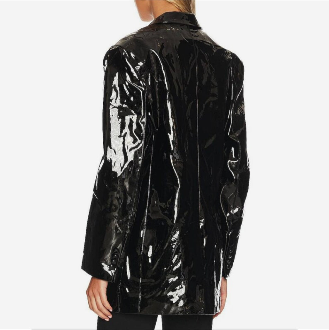 Women Black Patent Genuine Leather Short Coat