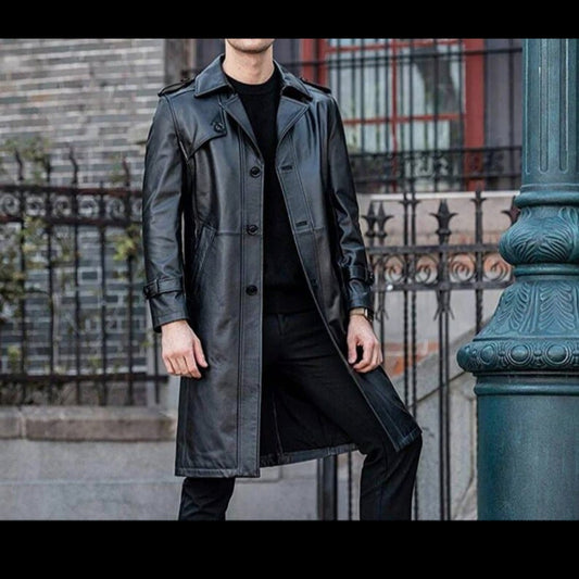 Mens Black Genuine Leather Trench Coat