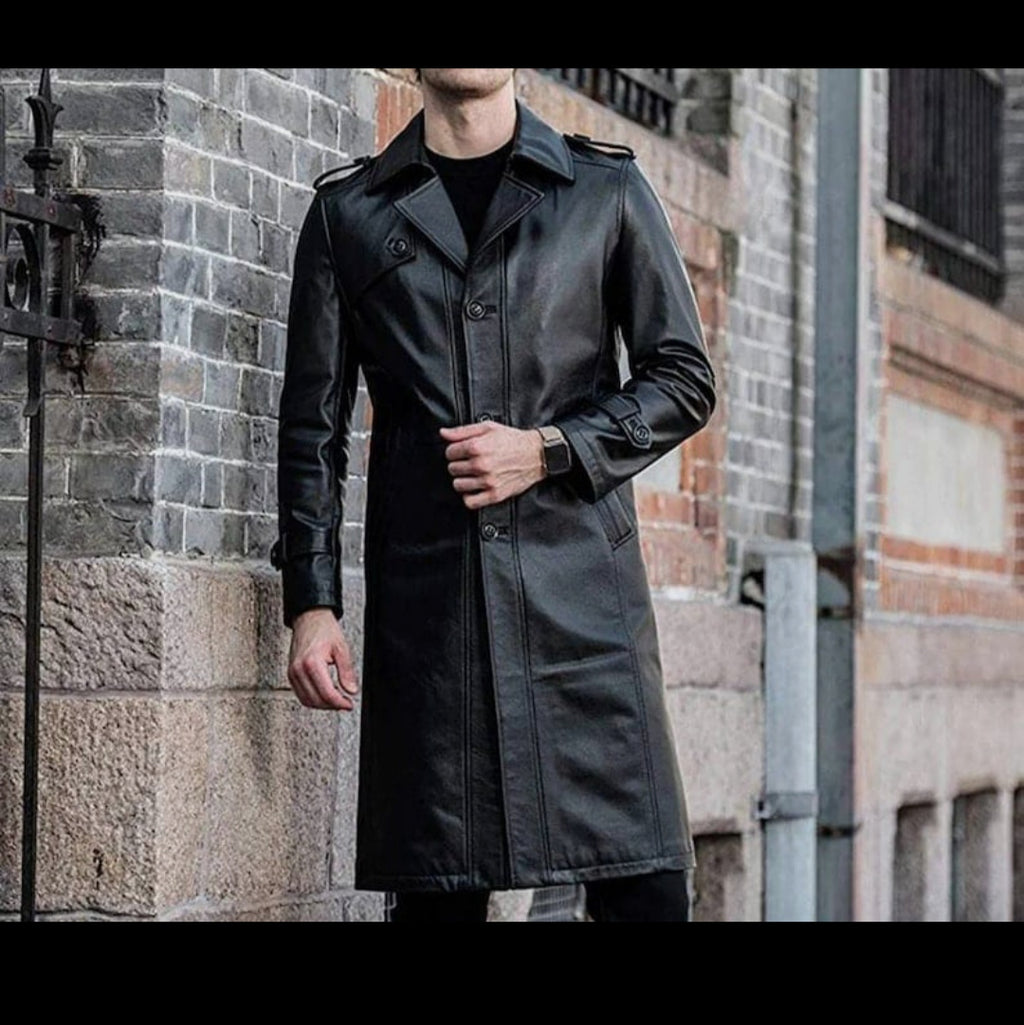 Mens Black Genuine Leather Trench Coat
