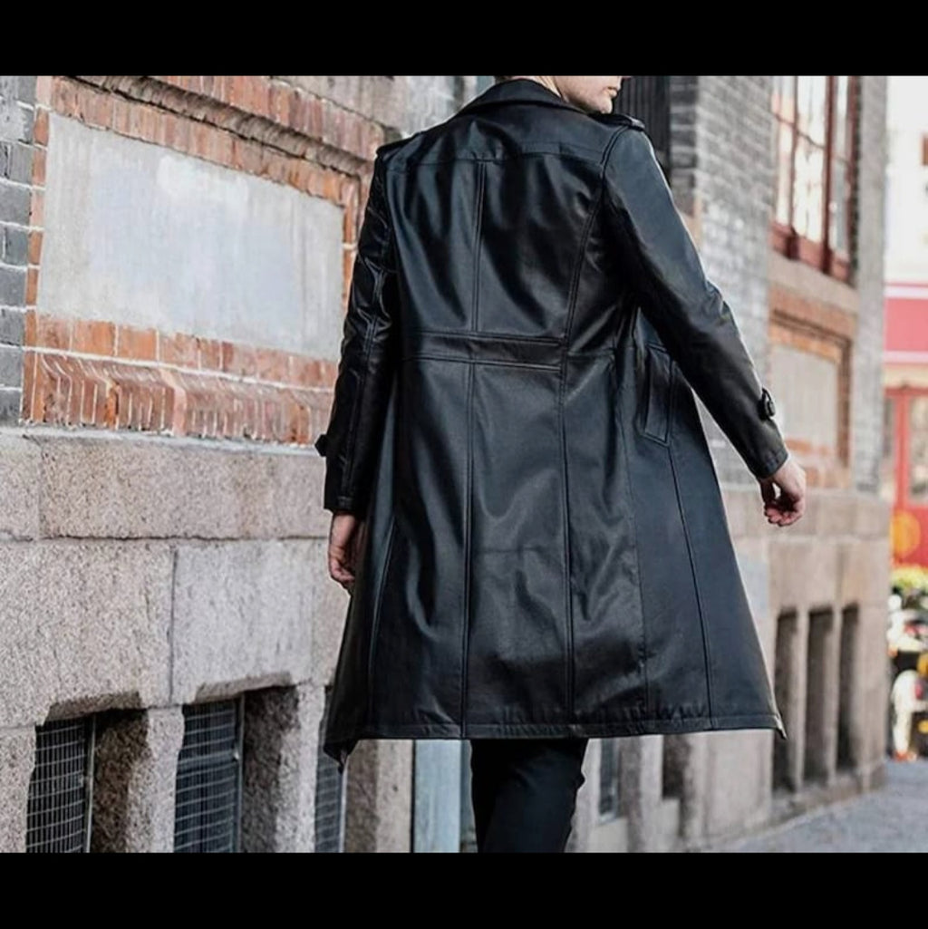 Mens Black Genuine Leather Trench Coat