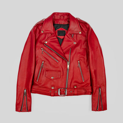 Womens Rich Red Motorcycle Biker Genuine Leather Jacket