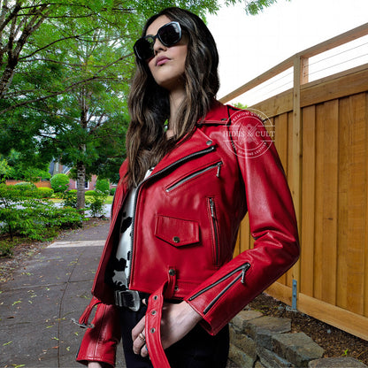 Womens Rich Red Motorcycle Biker Genuine Leather Jacket