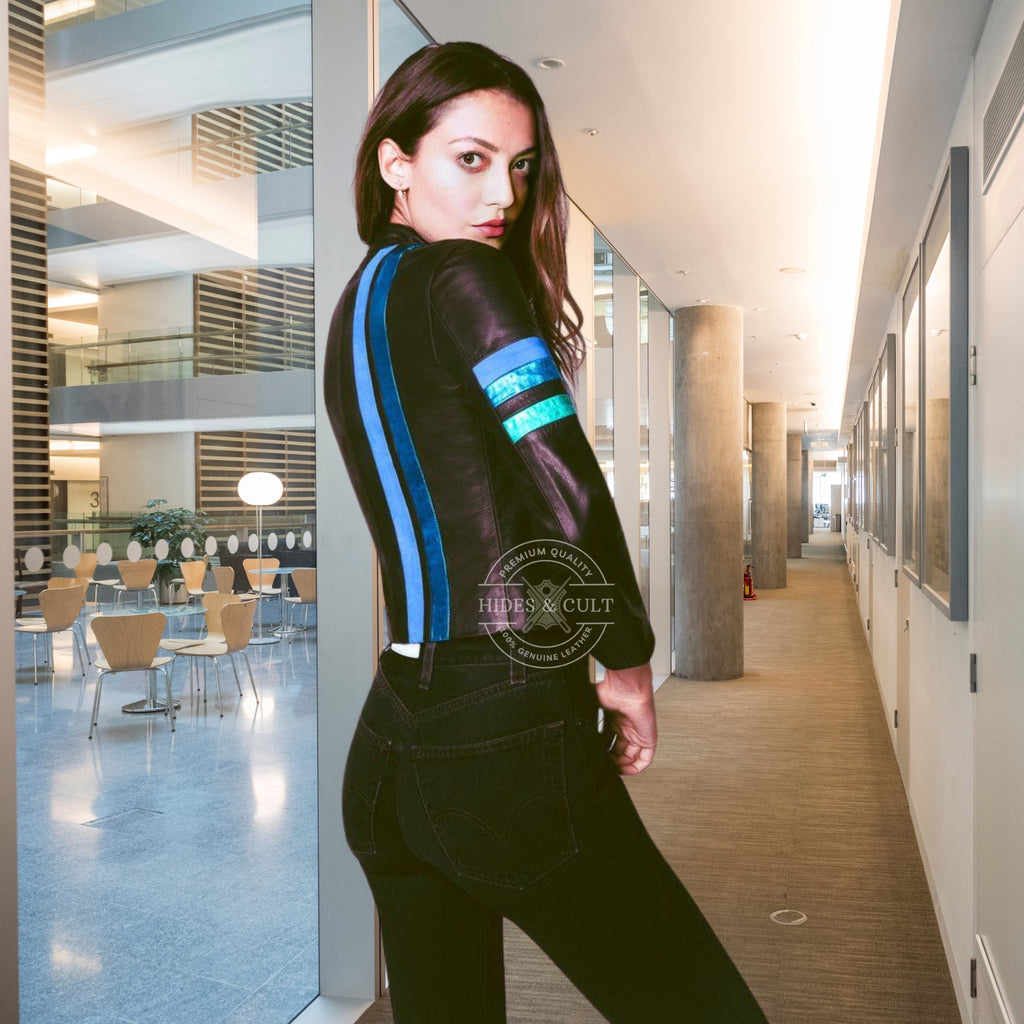 Womens Black - Metallic Stripes Motorcycle Racer Genuine Leather Jacket