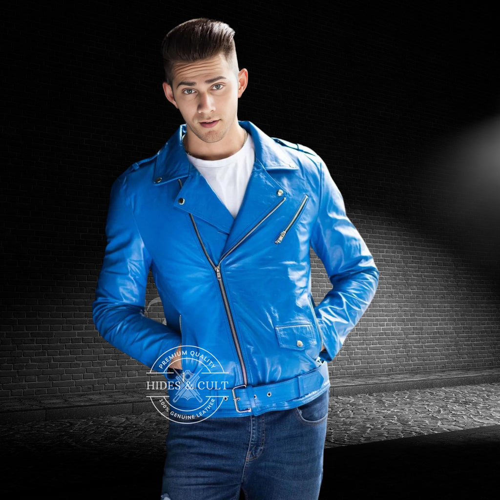 Mens Cobalt Blue Belted Motorcycle Biker Genuine Leather Jacket