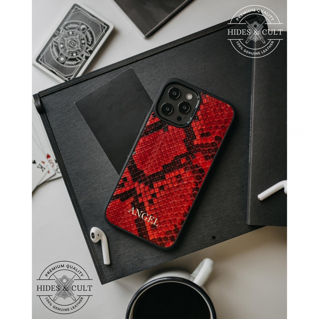 Luxury Red Exotic Python Print Shockproof Genuine Leather Iphone Case