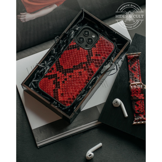 Luxury Red Exotic Python Print Shockproof Genuine Leather Iphone Case