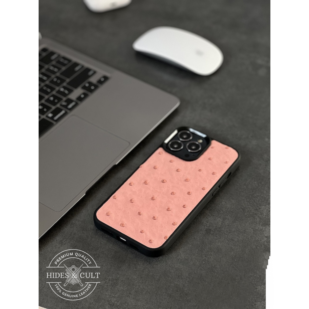 Luxury Pink Ostrich Print Shockproof Genuine Leather Iphone Case