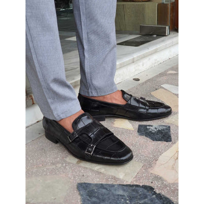 Black Croc Dual Monk Strap Belgian Loafers | Hides&Cult