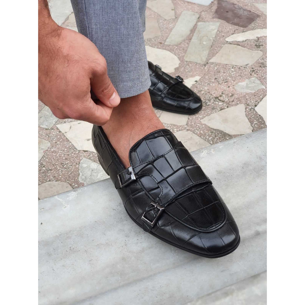 Black Croco Double Monk Strap Shoe | HIDES & CULT
