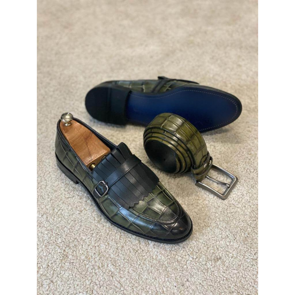 Luxury Green Crocodile Monk Strap Loafers for Men – Handcrafted Elegance | HIDES & CULT