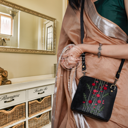 Handcrafted Black - Red Rosebuds Embroidered Genuine Leather Square Sling Bag