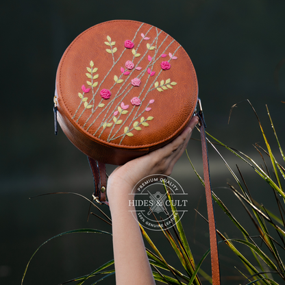 Handcrafted Tan - Pink Rosebuds Embroidered Round Genuine Leather Sling Bag