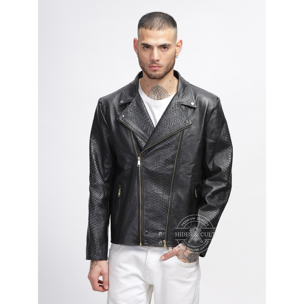 Mens Black Python Embossed Effect Motorcycle Biker Genuine Leather Jacket