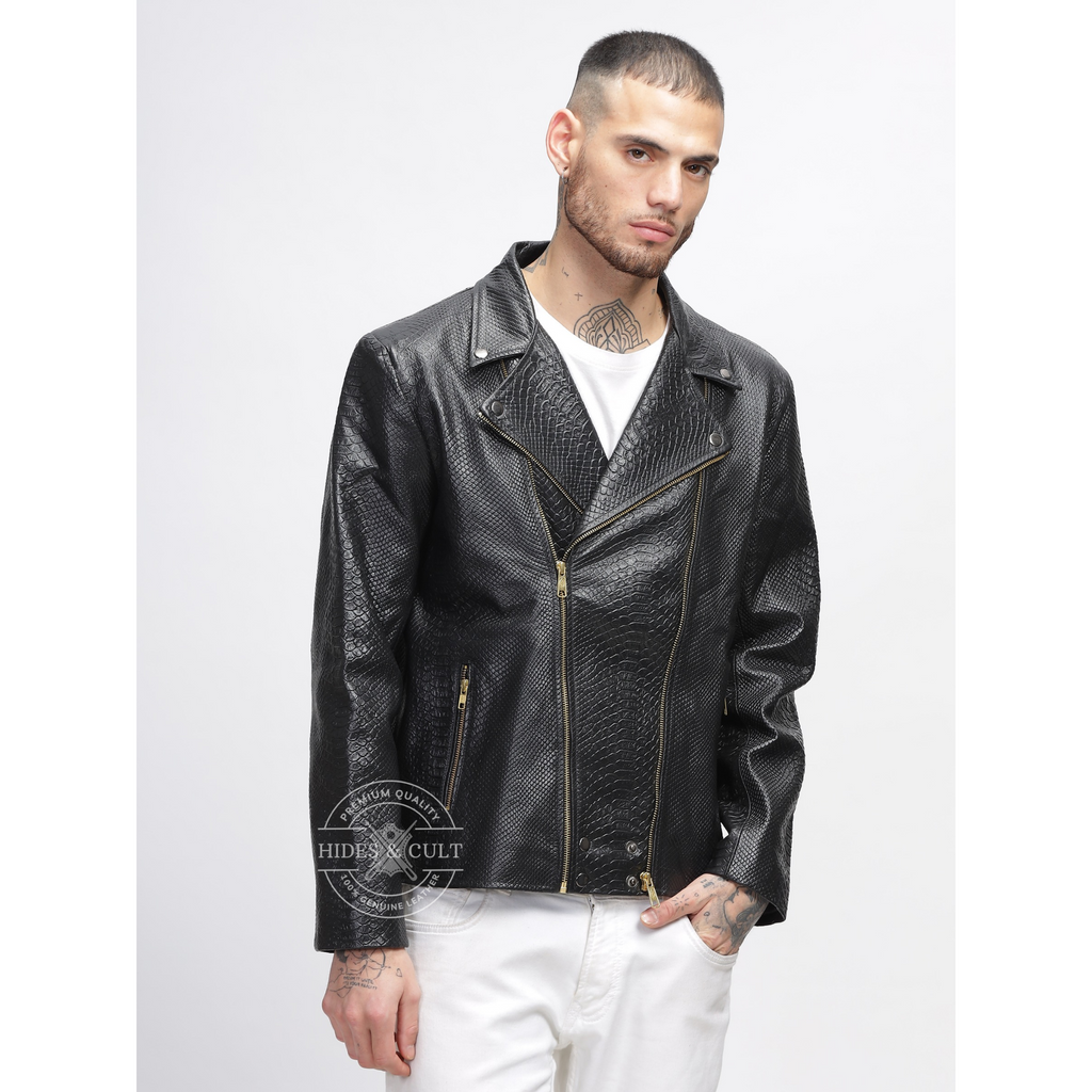 Mens Black Python Embossed Effect Motorcycle Biker Genuine Leather Jacket